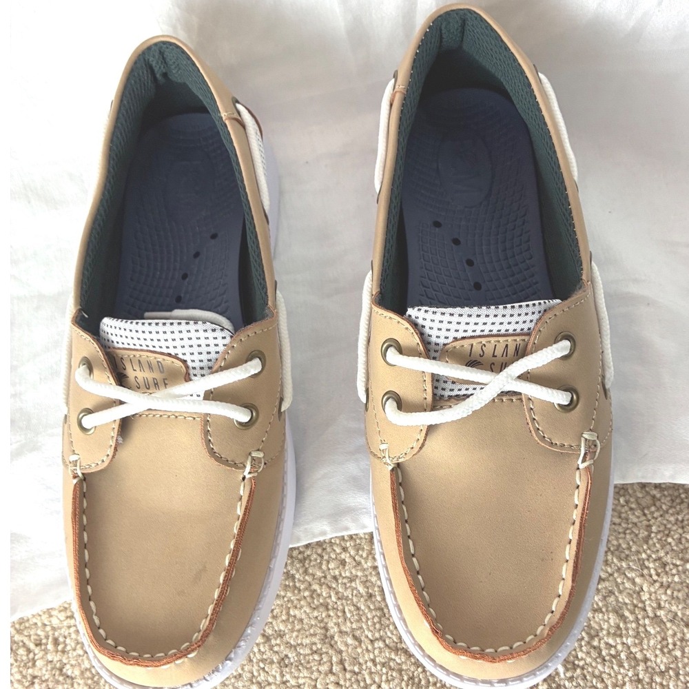 Island Surf Boat Shoes Mens 6/6.5 Tan White Mesh Nautical Deck Loafers BY3206